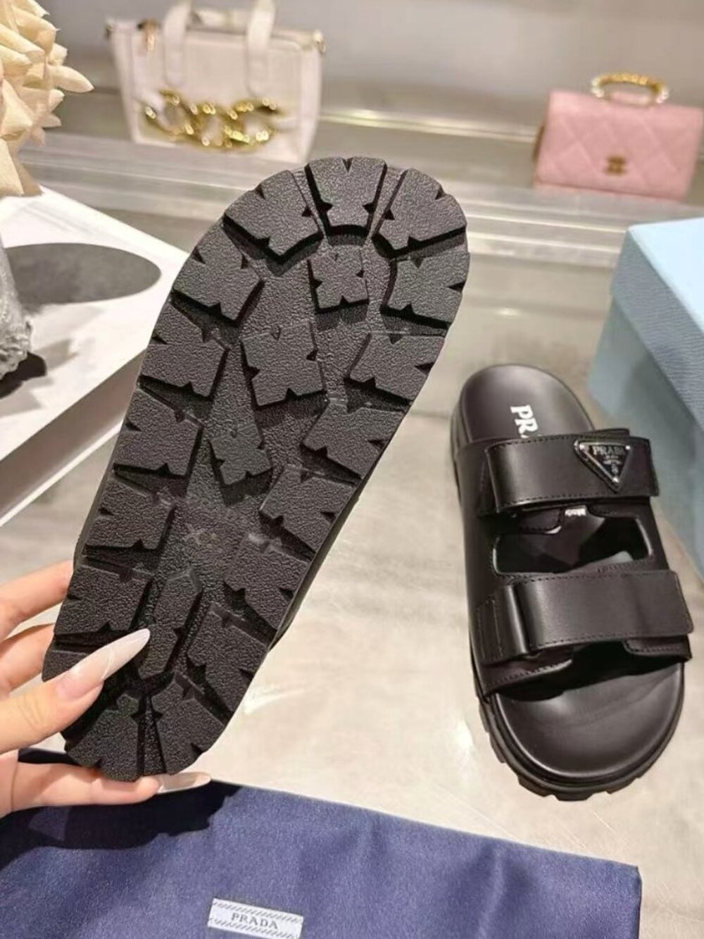 Prada Black Leather Dual Strap Platform Slide Sandals - Picture 8 of 8